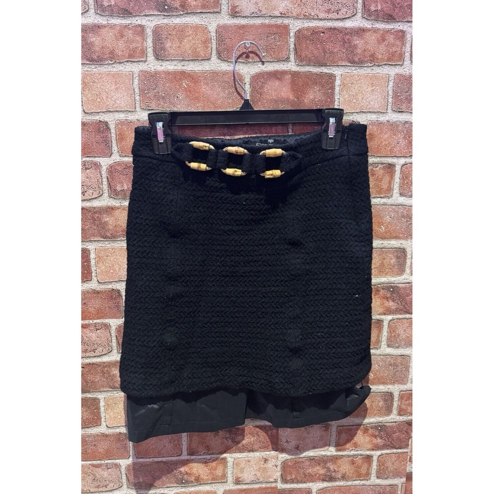 Etcetera Women 100% Wool Embellished Solid Black Preppy Mini Straight Skirt Sz 6